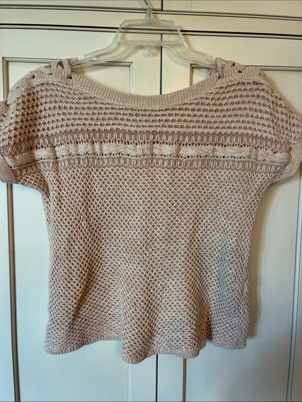 Lucky Brand Blush Pink Open-Knit Short Sleeve Sweater